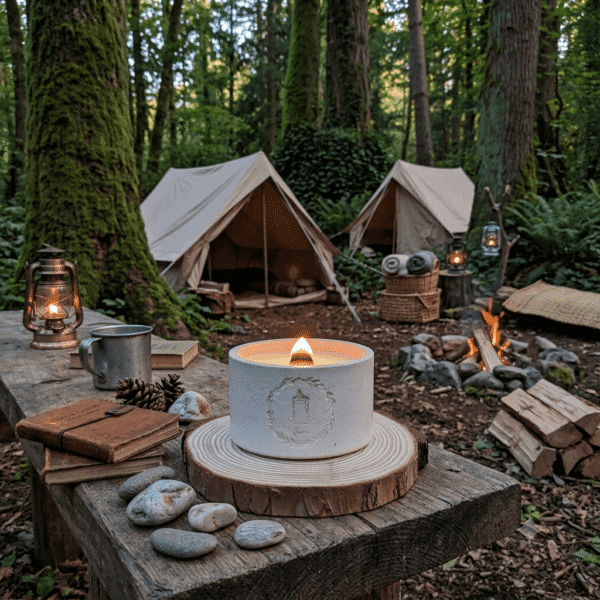 Bougie artisanale allumée en extérieur, ambiance camping et forêt, Quinn Crafts